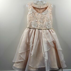 Rare Editions dress in peach with cream embroidery and sequin details. Size 8.